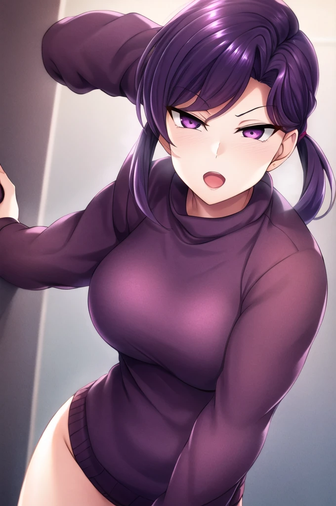 girl purple eyes, dark purple hair with ponytails on the sides, short purple sweater with an open waist, dark sportswear, purple sneakers