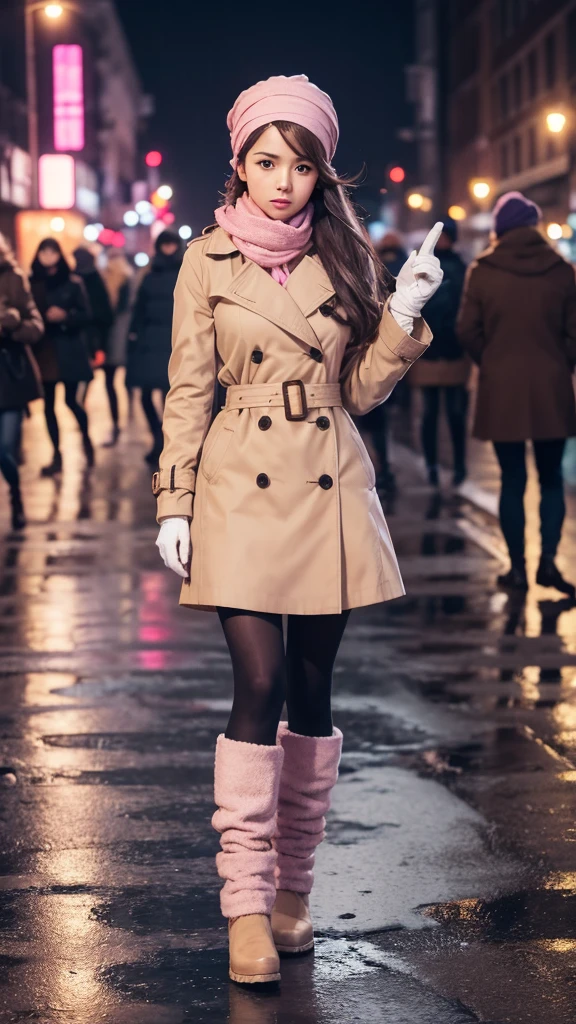 1girl with long brown hair wearing a fully buttoned up and belted buckle beige trench coat with a pink bandana headscarf wrapped around her head, large pink winter wool scarf and white gloves at the hard rainy night city street full body 8k