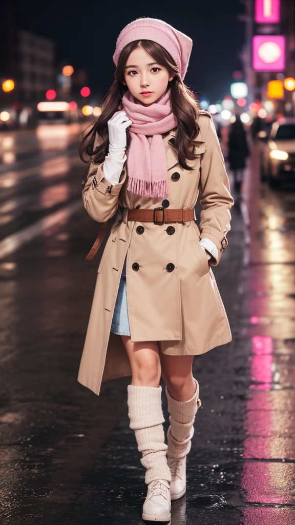 1girl with long brown hair wearing a fully buttoned up and belted buckle beige trench coat with a pink bandana headscarf wrapped around her head, large pink winter wool scarf and white gloves at the hard rainy night city street full body 8k