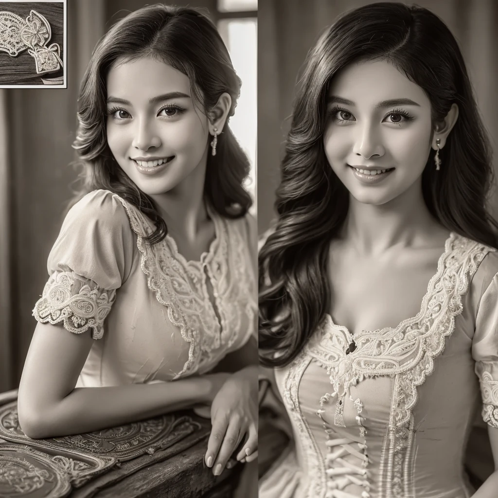 beautiful girl from Indonesia, white t-shirt, beautiful face, shining black hair, brown eyes, curly eyelashes, white skin, smiling expression, sewing. wardrobe background in the style of modiste equipment and interiors. there is an old model radio. nivanh chanthara , mai anh tran, dang my linh, beautiful ruan jia!, handsome girl, beautiful, old style manh, charming smile, with a cute - smooth face, beautiful, beautiful woman, fanart, sweet young woman, beautiful woman
stunning, (fine and intricate details:1.7)(RAW photo:1.3), (large scratches in some parts of the photo:1.8)(bright sepia toned photo) (noisy image:0.5) (perfect hand design:1.3), 1912, a beautiful young woman, black and white (19th century daguerreotype photo quality: 1.1), ( flash with magnesium: 1.6) , photo shoot, pre-raphaelitism, Auguste et Louis Lumière style. hand-held Victorian style, Very high resolution detail, photographic, realism pushed to the extreme, fine textures, very real Westworld film style, award winning, professional, highly detailed