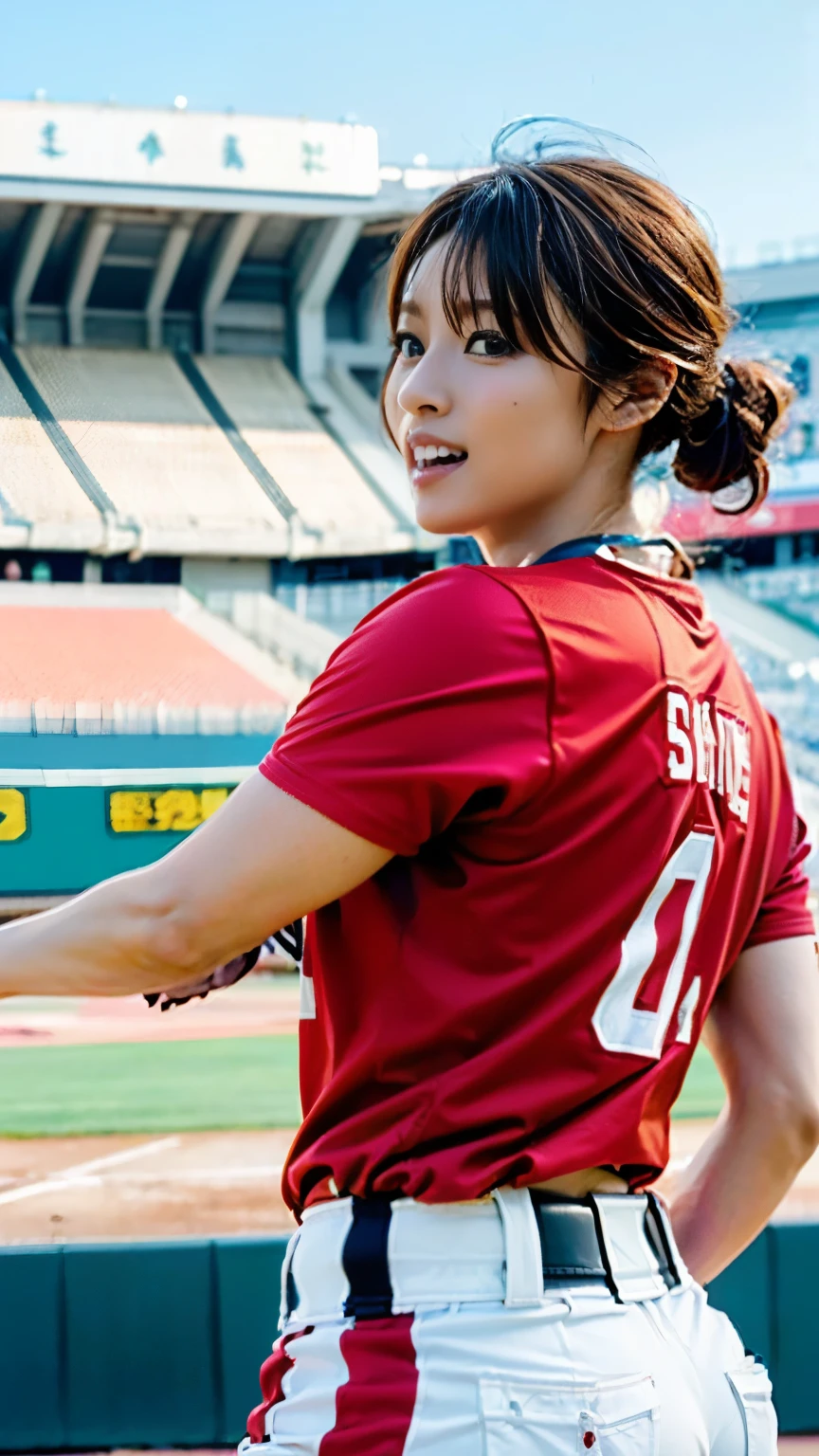 (((First Person))),(((Perfect anatomy, carefully drawn limbs with perfect joints and no excess or deformities))),(((The grandstands are filled with spectators))),The enthusiastic crowd roars,(((On the field of a softball stadium filled with enthusiastic spectators, a beautiful softball player with outstanding style stands in the batter's box with a serious look in her eyes))),(((The softball uniform, with a short-sleeved, collarless shirt with a large number on the back and the bottoms tucked into shorts and a belt, is々Shii,Wear softball socks and spikes))),(((Capture the powerful moment when you step up to bat and swing with all your might in a full-body snapshot))),Speed,body幹の強い低い姿勢,Speed,(Capture the essence of the movement and the moment of the play),((The audience roars at the wonderful play of a beautiful softball player wearing a red uniform and shorts on a white background),(((With a serious look on his face, he holds a softball helmet and a metal bat.,打席でバットを振ってヒットする瞬間の動きの本質を捉えた4K full body shot from the side)),All in one,Gritting teeth,Sharp step,(Skin Dentition:1.5),Realistic and realistic,(masterpiece:1.5),(((Sports concept art))),Intricate details,Highly detailed and realistic,Octane Rendering,4k quality,(Sports Real Engine),Dynamic pose,4K Top Quality,High resolution,(Realistic Face:1.1),(Surreal:1.1), ((full_body)),((Expressing the dynamism that emanates from the whole body)),(((He has a slim, muscular body, but his strong legs and slim waist make him look very stylish.))),(4K full body shot from the side),(Shiny skin:1.2),(((Hairstyle))),(((Perfect hands))),(Highly detailed background),((整備された美Shii芝が張られたピッチに観客で一杯のスタジアムの背景が壮観)),A crucible of cheers and excitement,((Beauty condensed in 1girl)),((光を蓄えた美Shii瞳)),(Shiho wearing a necklace),(((滴る大量の汗が眩Shii))),(The short bob flows with your movements.),casting ,((Dramatic beauty)),披写界深度の深い美Shiiボケ,4K,Gothic,4K Digital SLR Camera,Fujifilm XT3 style,(Saiharu Body),(Delicate eyes and face),Professional Perspective,素晴らShiiディテール,(1girl condenses exceptional beauty),繊細でHigh noseを持つ美Shii顔,High nose, Clear chestnut eyes that glorify the light, Glossy red lips, light makeup,