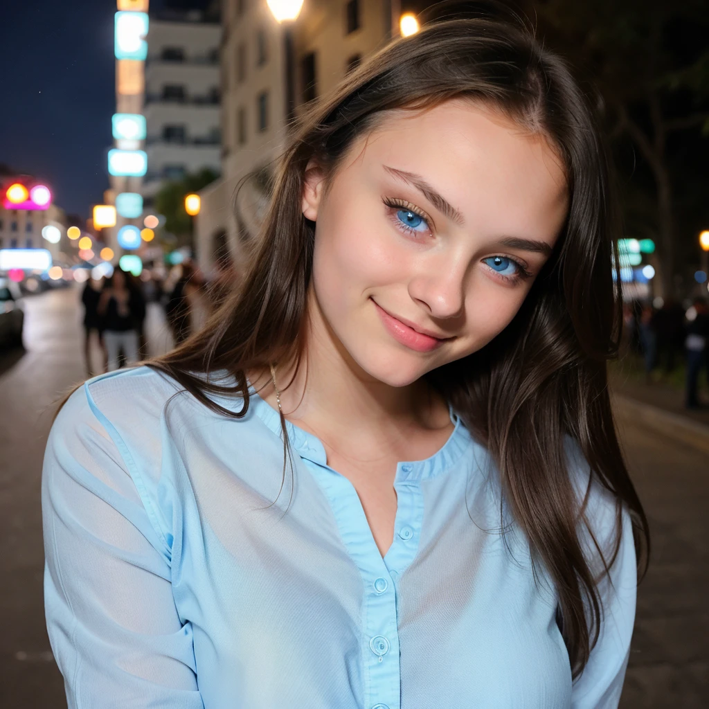 a beautiful 14 year old Russian teenage Ukrainian girl with blue eyes, with the face of a young girl with a perfect body, big eyes , wide fleshy lips thin upturned nose, with a fine face like a barbie , normal breasts ,very long and very straight black hair, wearing light white jeans and a transparent baby blue blouse with large light green buttons , 14 years old, very tender face , teenage girl with blue eyes posing very sexy and wearing casual light blue clothes at night in the city  ,straight hair. a very attractive teenage girl sexually naked, posing from ukraine, beautiful 14 year old girl cute beautiful blue eyed masterpiece, smiling very beautiful smile , angelic smile
