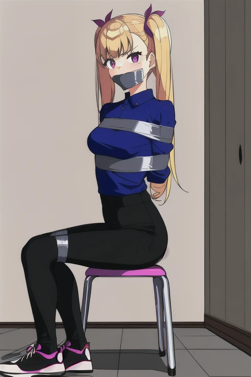 ((1 girl)), ((twin tails)), bound, (arms behind back:1.4), ((simple_background)), ((concrete floor, concrete wall)), ((dark empty room)), tied hands, tied ankles,  ((arms behind back)), ((((arms behind back)))), ((sitting on a chair)), ((mouth close)), ((mouth gagged)), ((tape gag)), bdsm, tape gag, ((helpless)), (tights pants, long black pants, sports shoes)