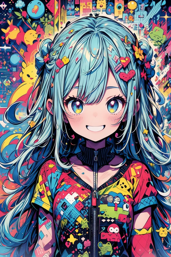 masterpiece, Highest quality, Highly detailed CG Unity 8k wallpaper, The red worldview, Cute anime illustrations, One girl, Big smile, Digital Art, Fantasy art, Dreamland, The background is a geometric pattern of colorful bubbles. Funny, pastel colour, light blue, Octane Rendering Style, Bokeh