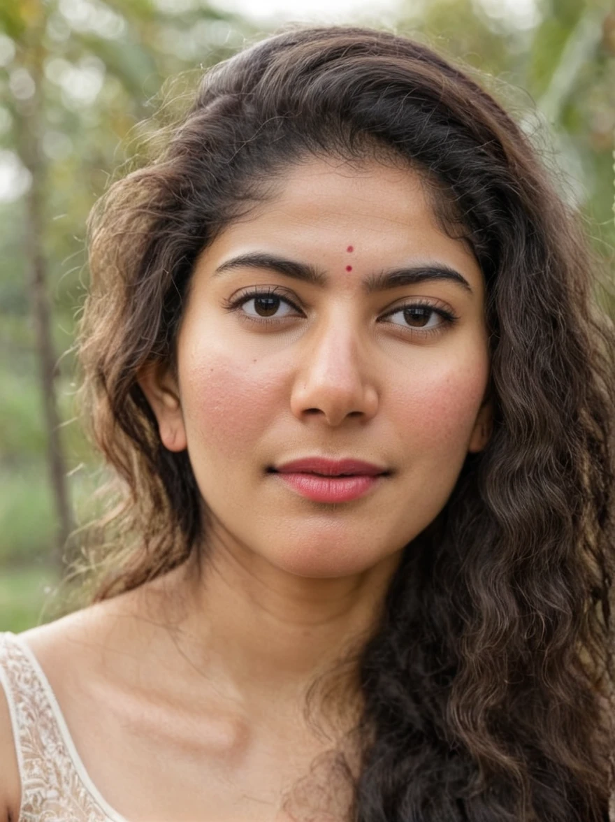 ultrarealistic hires close up photo of a 30-year-old sai pallavi woman, outdoors, realistic skin texture, looking looking at camera, free curly hair, in bef, in lingerie, realistic skin, taking selfie