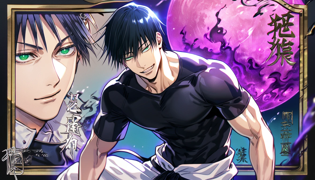 Ultra detailed, HDR, Highres, absurdres, master piece, Fushiguro Touji, black hair, expressive green eyes, Jujutsu Kaisen, handsome, sexy man, solo, black tight shirt, purple aura, handsome smile, best quality, blue moon, 8K, white baggy pants, high detaileded