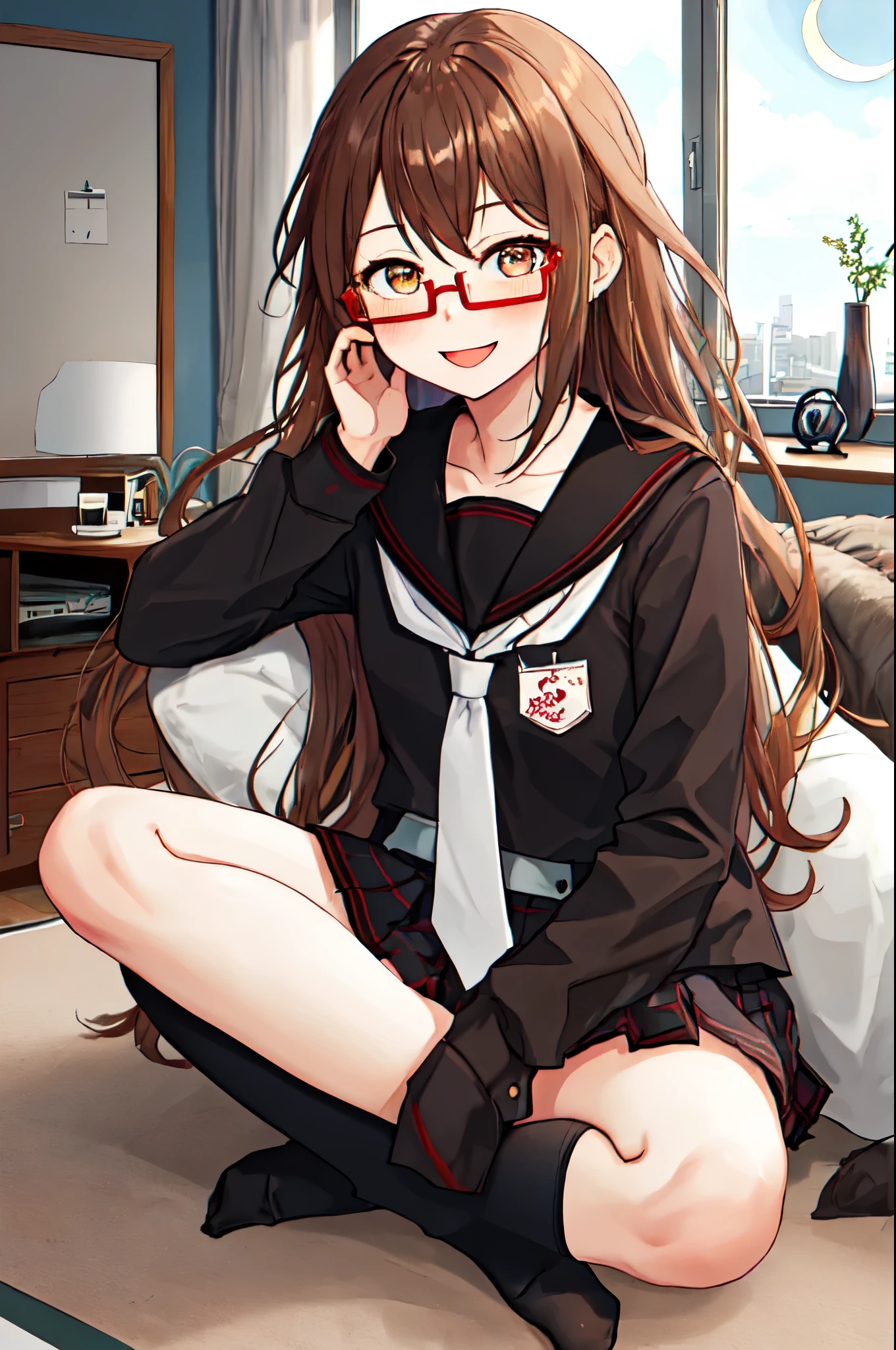 Highest quality, masterpiece, High resolution, alone, {full moon_Fleet Collection:1.15}, Long Hair, Brown Hair, Glasses, brown_eye, red-framed_Glasses, semi-rimless_Glasses, Crescent Moon, black_Seraphim, blush, Under Rim_Glasses, One girl, Closed_eye, Open_mouth, School_uniform, (indoor, office, living room), , blackスカート, ^_^, eggplant, smile