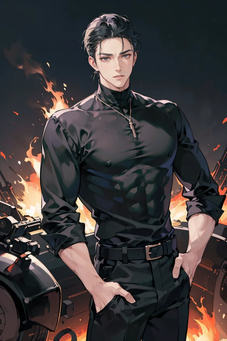 anime - (masterpiece), best quality, seductive eyes, mature face, black eyes, mid length slicked back black haircut, plain black t shirt, black pants, tall man, long legs, masculine, broad shoulders, massive body, adult-like, full body, hands on hips, bad boy, the background is a burning and exploding city