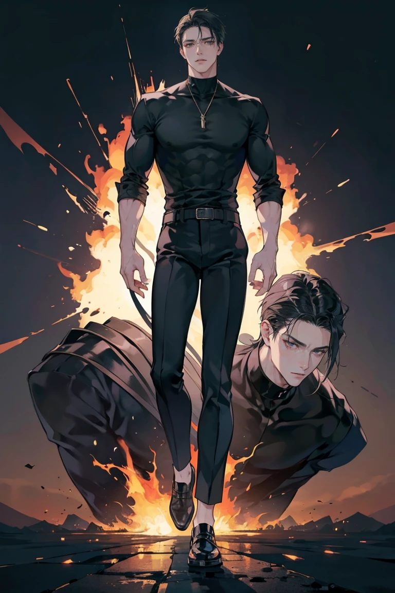 anime - (masterpiece), best quality, seductive eyes, mature face, black eyes, mid length slicked back black haircut, plain black t shirt, black pants, tall man, long legs, masculine, broad shoulders, massive body, adult-like, full body, hands on hips, bad boy, the background is a burning and exploding city