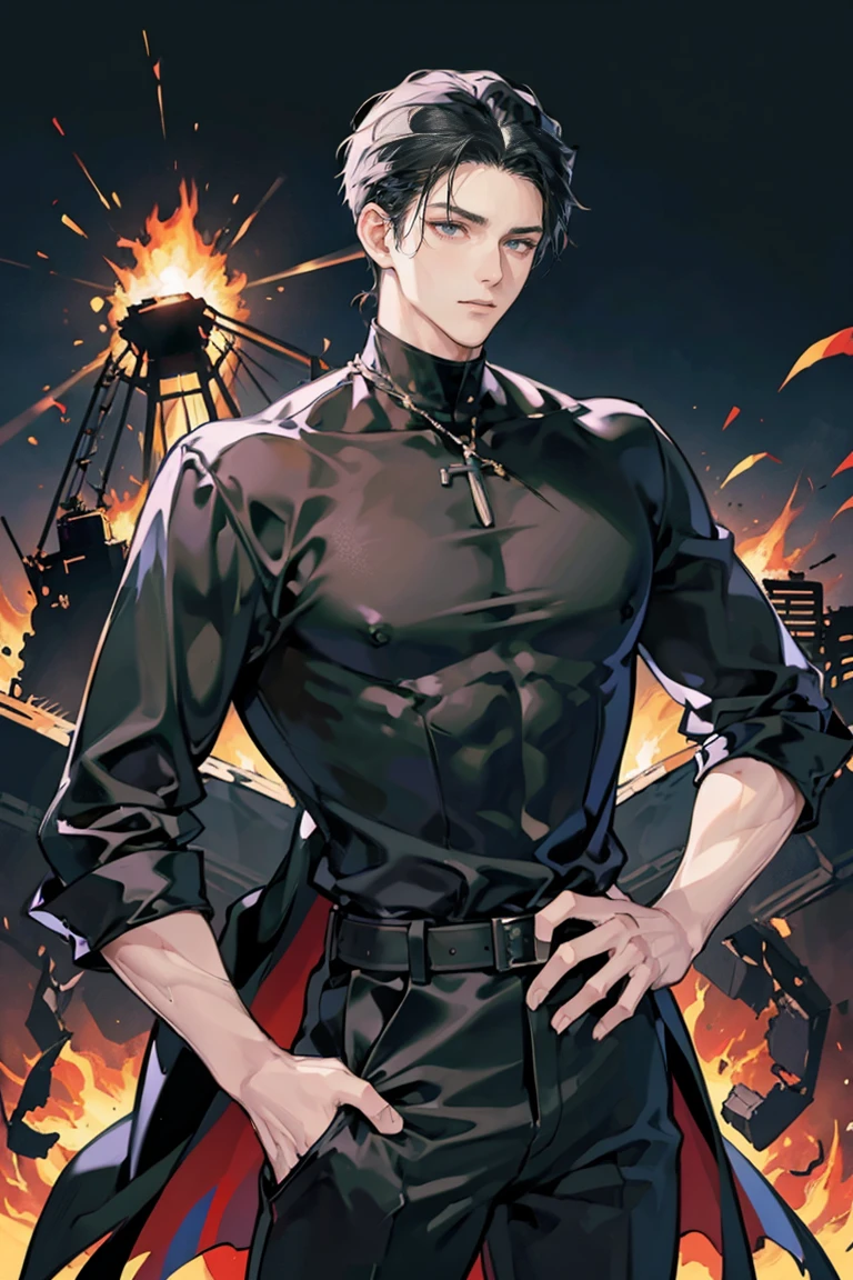 anime - (masterpiece), best quality, seductive eyes, mature face, black eyes, mid length slicked back black haircut, plain black t shirt, black pants, tall man, long legs, masculine, broad shoulders, massive body, adult-like, full body, hands on hips, bad boy, the background is a burning and exploding city
