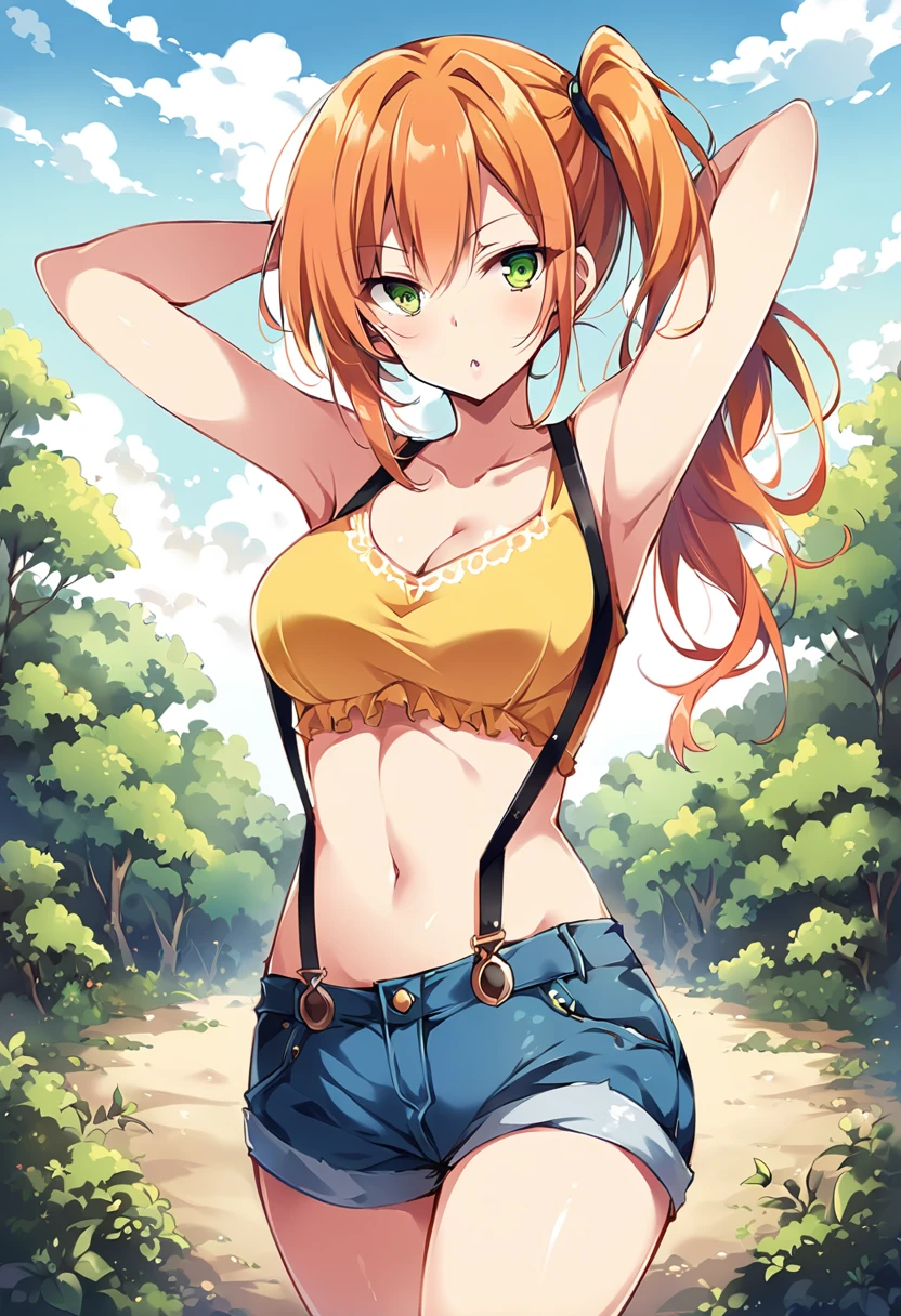 The centerpiece of the image is Misty from Pokémon, standing outdoors with a confident smile. Orange hair styled in a side ponytail, wearing denim shorts with suspenders, yellow crop top that shows off her midriff and navel. Yellow tank top. Cowboy shot posture exudes confidence and strength.
Misty is accompanied by a cute Dragon.
Overall, the image is a masterpiece, with high-quality details and a realistic rendering of Misty, her outfit, and her companion dragon. The colors are vivid and eye-catching, and the image is high-resolution, capturing every nuance of Misty's confident and adventurous spirit.