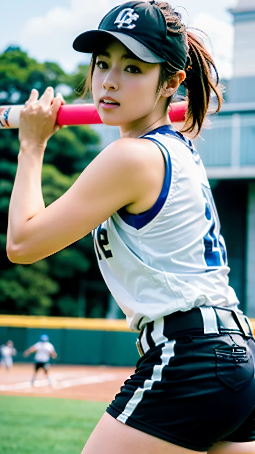 (((First Person))),(((Perfect anatomy, carefully drawn limbs with perfect joints and no excess or deformities))),(((The grandstands are filled with spectators))),The enthusiastic crowd roars,(((On the field of a softball stadium filled with enthusiastic spectators, a beautiful softball player with outstanding style stands in the batter's box with a serious look in her eyes))),(((The softball uniform, with a short-sleeved, collarless shirt with a large number on the back and the bottoms tucked into shorts and a belt, is々Shii,Wear softball socks and spikes))),(((Capture the powerful moment when you step up to bat and swing with all your might in a full-body snapshot))),Speed,body幹の強い低い姿勢,Speed,(Capture the essence of the movement and the moment of the play),((The audience roars at the wonderful play of a beautiful softball player wearing a red uniform and shorts on a white background),((With a serious look on his face, he holds a softball helmet and a metal bat,打席でバットを振ってヒットする瞬間の動きの本質を捉えた4K full body shot from the side)),All in one,Gritting teeth,Sharp step,(Skin Dentition:1.5),Realistic and realistic,(masterpiece:1.5),(((Sports concept art))),Intricate details,Highly detailed and realistic,Octane Rendering,4k quality,(Sports Real Engine),Dynamic pose,4K Top Quality,High resolution,(Realistic Face:1.1),(Surreal:1.1), ((full_body)),((Expressing the dynamism that emanates from the whole body)),(((He has a slim, muscular body, but his strong legs and slim waist make him look very stylish.))),(4K full body shot from the side),(Shiny skin:1.2),(((Hairstyle))),(((Perfect hands))),(Highly detailed background),((整備された美Shii芝が張られたピッチに観客で一杯のスタジアムの背景が壮観)),A crucible of cheers and excitement,((Beauty condensed in 1girl)),((光を蓄えた美Shii瞳)),(Shiho wearing a necklace),(((滴る大量の汗が眩Shii))),(The short bob flows with your movements.),casting ,((Dramatic beauty)),披写界深度の深い美Shiiボケ,4K,Gothic,4K Digital SLR Camera,Fujifilm XT3 style,(Saiharu Body),(Delicate eyes and face),Professional Perspective,素晴らShiiディテール,(1girl condenses exceptional beauty),繊細でHigh noseを持つ美Shii顔,High nose, Clear chestnut eyes that glorify the light, Glossy red lips, light makeup,