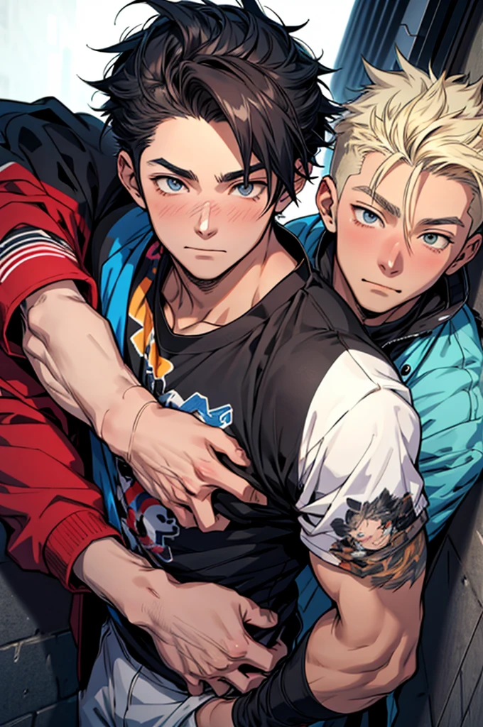 Masterpiece, best work, anime style, in their 19-20 years old, stylish clothing, each different hairstyles and colors, hot, well drawn detailed eyes, boy1: shy expression, boy2: confident, boy3: happy,