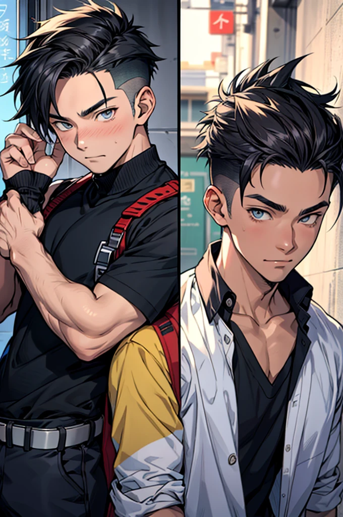 Masterpiece, best work, anime style, in their 19-20 years old, stylish clothing, each different hairstyles and colors, hot, well drawn detailed eyes, boy1: shy expression, boy2: confident, boy3: happy,