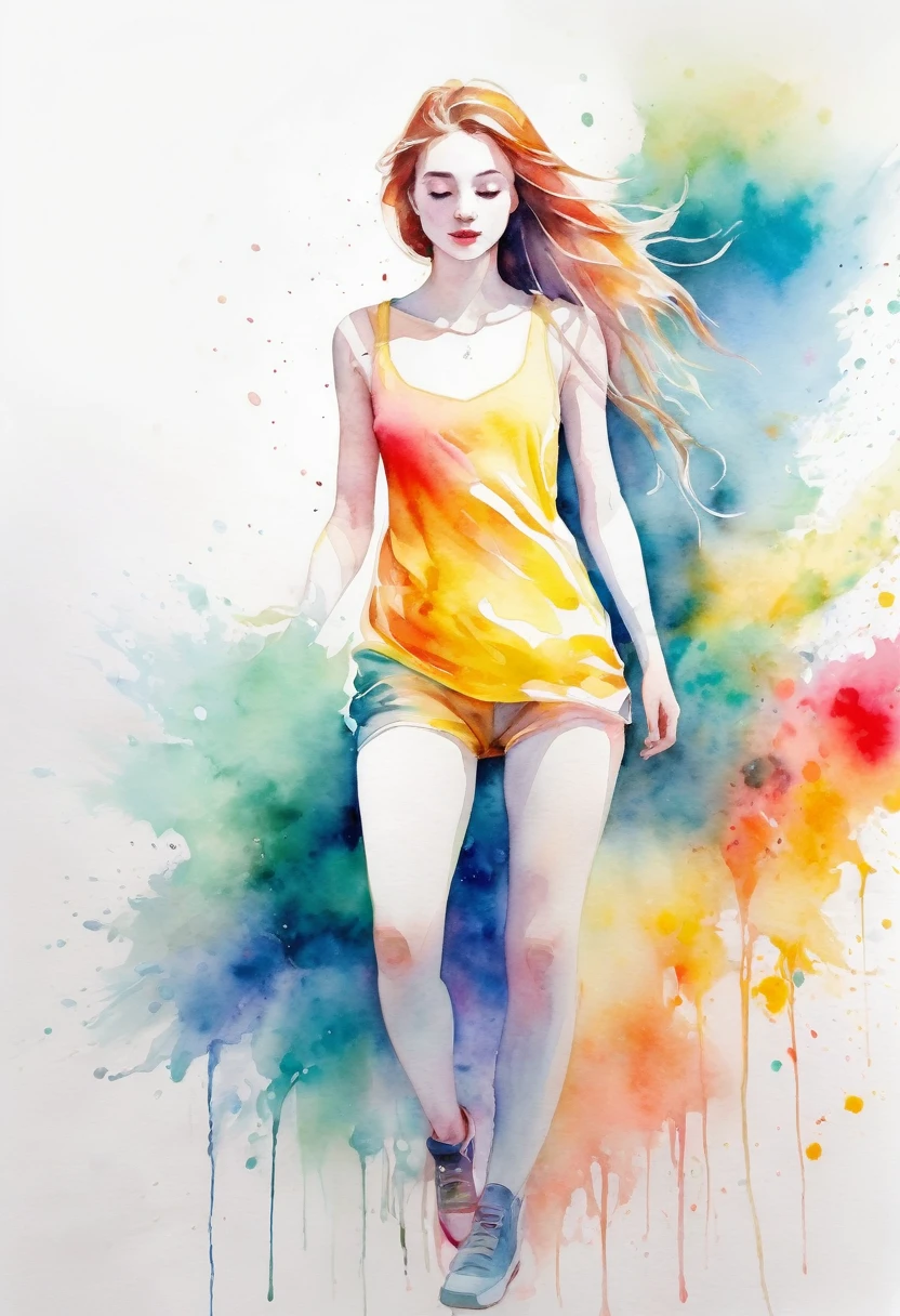 Abstract modern art whole body girl watercolor White Background Bright colors Pencil drawing Blurry high quality