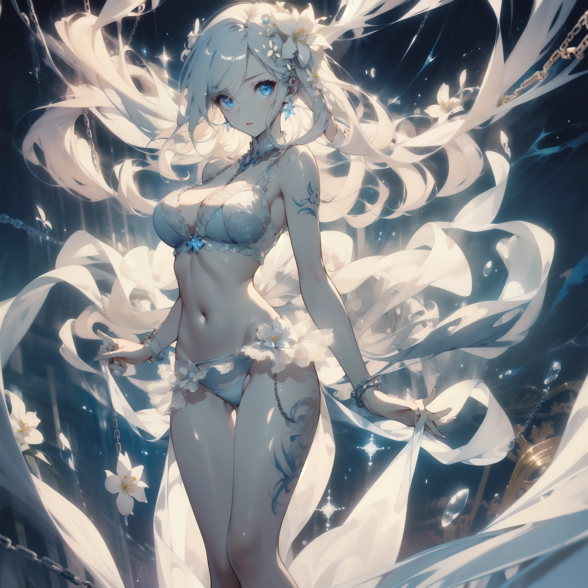 ((masterpiece, best quality)), Delicate face,Janna,Standing picture,whole body,Perfect body proportions,Long legs,Long wavy hair,beautiful eyes,Fantasy style,White background,Extremely beautiful,transparent,Pure white flower marriage,Sexy bikini,chain,Tattoo,Lace,exposed,storm