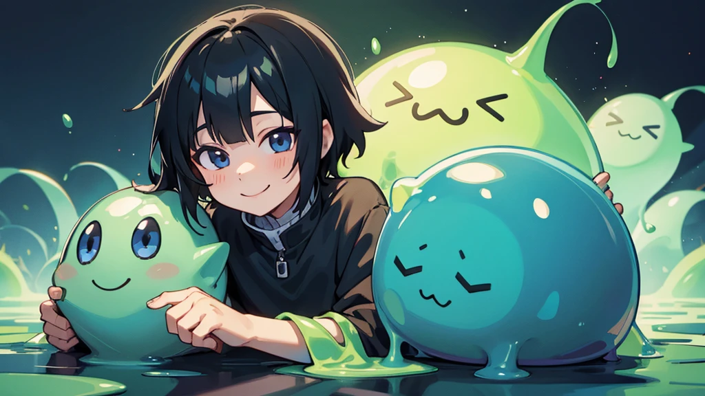 Otherworldly fantasy、A boy and a slime、anime、Black Hair、smile