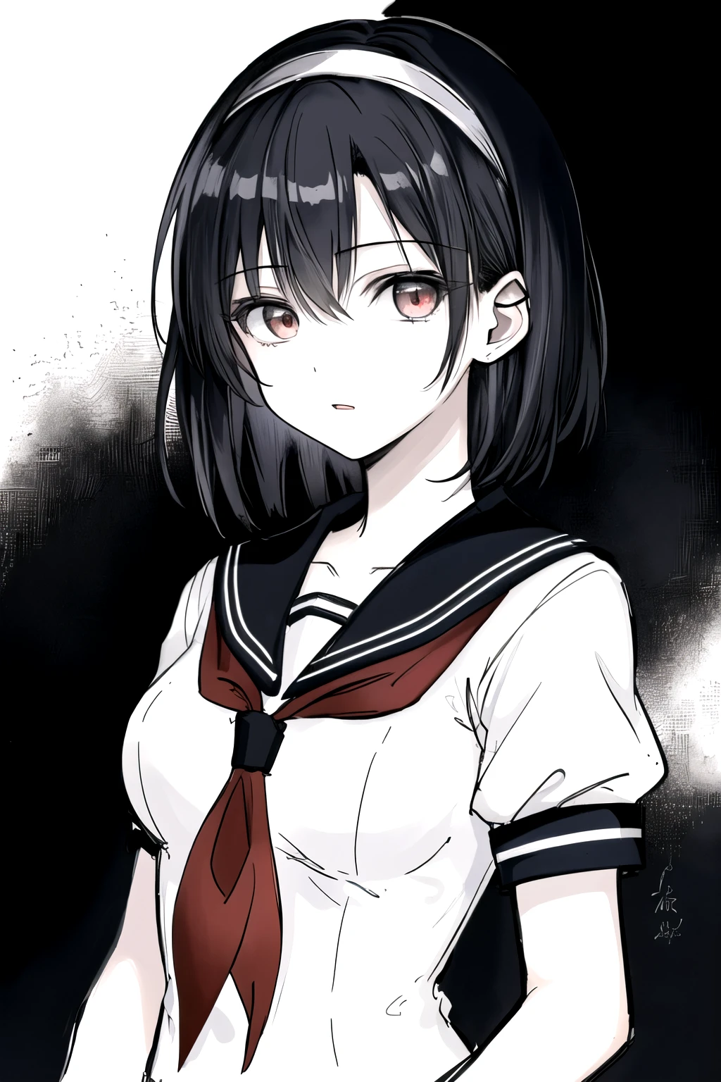 ((Masterpiece)),((High quality)),((High resolution)),((Extremely accurate and detailed representation of the human body)), An 18-year-old girl. Japanese. Wears a short-sleeved sailor uniform. Short hair. Hairband. Has a mysterious and enigmatic aura with elements of horror.