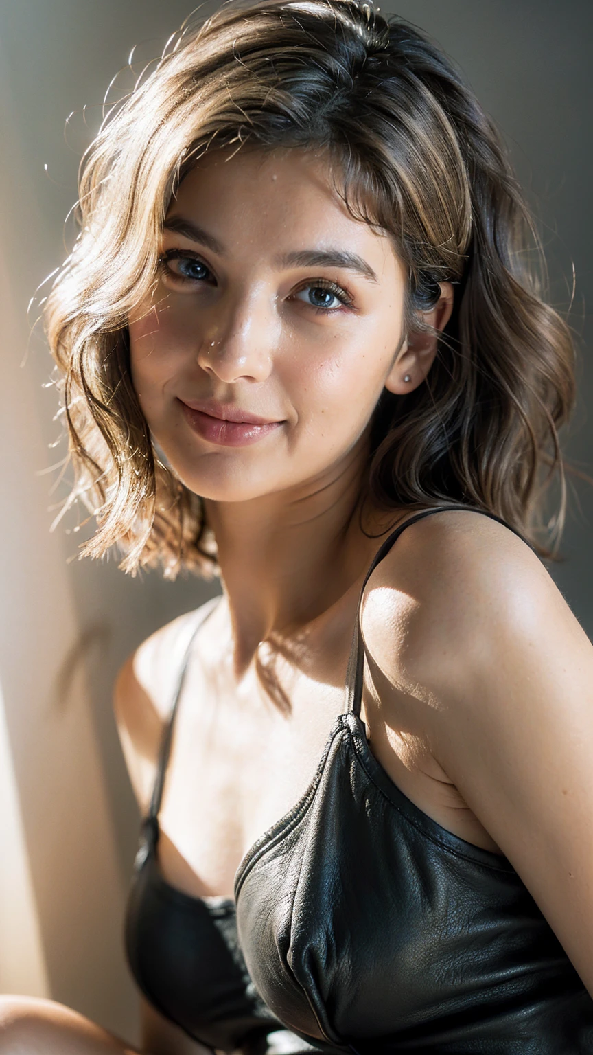 (((ultra realistic))) Photo, masterpiece, top quality, (pale skin), (Ultra detailed face and eyes:1.2), Bright eyes, 1 girl, brassiere, near window,sunrays on face,medium size breasts (Eye makeup, mascara) , ((white wavy hair)) , ((silver hair)), ((Stylish hairstyle)) , (Natural medium size breasts), (A slight smile), ((Posing)), photoshoot, studio (Contour lighting), (The play of light and shadows), depth of field, bokeh, (special attention to skin detail: 1.2), Detailed leather texture, skin pores. ( color scheme - black, Gray, Ashen, yellow tones)), ((Film grain, VHS effect)), ((rays)) , ((waist up portrait, close to the camera)) , ultra detialed,