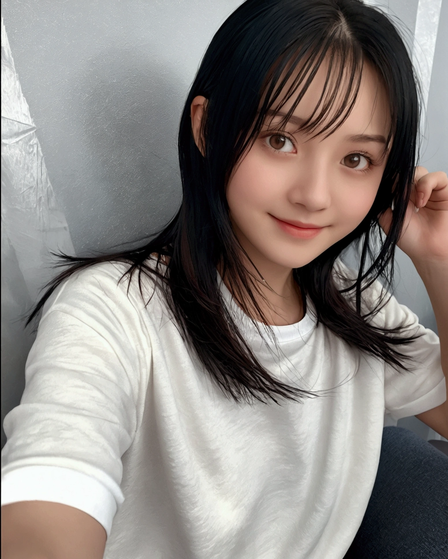 (alone), (Detailed RAW photos of the girl's whole body), (masterpiece:1.0), (Highest quality:1.4), (Ultra-high resolution:1.2), (Realistic:1.4), 8k resolution, Canon EOS R5, 50mm, Absurd, Super detailed, (18-year-old), Sharp focus, Cinema Lighting, Beautiful face in every detail, (compensate:1.2), (Urzan-6500-v1.1), shape, Detailed skin texture, Pale skin, Flat Chest, (A lean and healthy body:1.3), Thigh Gap, Detailed black hair,smile, (Play sports often)Realistic glowing skin, (Bedroom:1),Slim waist, 魅惑的なsmile, alone