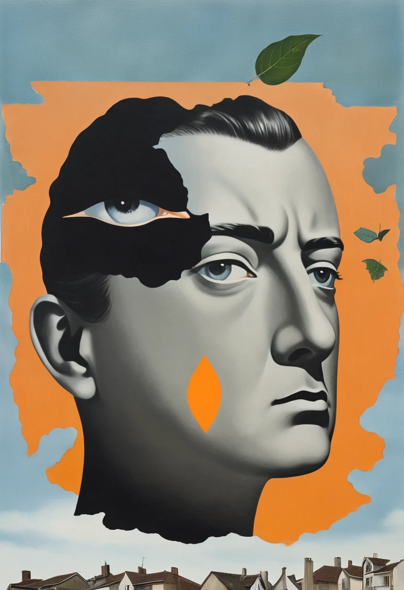 René Magritte,Weird dislocation art in the sky:Collage画,There are many different things on the face,house,leaf,Geometric Dislocation,Collage,Hollow,Artistic sense,Painting,paint,Simple,Black and Orange