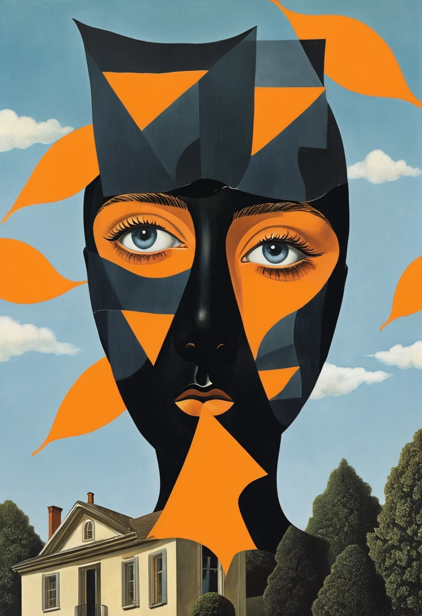 René Magritte,Weird dislocation art in the sky:Collage画,There are many different things on the face,house,leaf,Geometric Dislocation,Collage,Hollow,Artistic sense,Painting,paint,Simple,Black and Orange