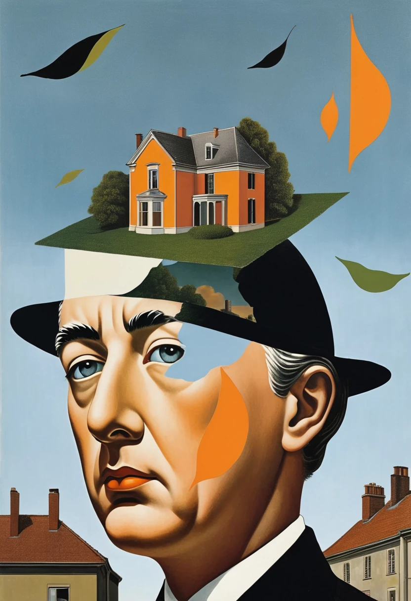 René Magritte，Weird dislocation art in the sky：Collage画，There are many different things on the face，house，leaf，Geometric Dislocation，Collage,Hollow，Artistic sense，Painting，paint，Simple，Black and Orange