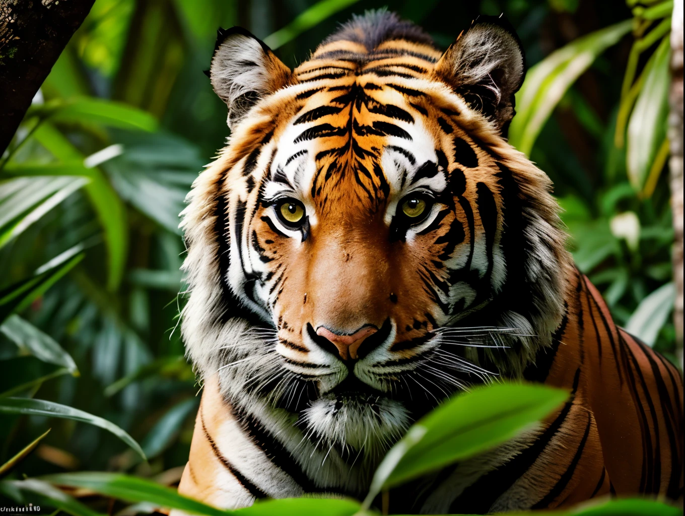 a large male tiger, detailed realistic fur, glowing amber eyes, sharp fangs, muscular body, prowling in a jungle environment, lush green foliage, sunlight filtering through trees, dynamic pose, (best quality,4k,8k,highres,masterpiece:1.2),ultra-detailed,(realistic,photorealistic,photo-realistic:1.37),intricate details,cinematic lighting,vibrant colors,wildlife photography