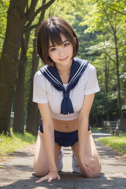 ((Japanese girl on all fours))、cute、Brown Hair、((Short Bob Hair、Deep blue eyes:1.2))、Shiny and smooth hair、Thick bangs、(A thoughtful smile:1.2), Very detailed顔と目,Highest quality, Ultra-high resolution,Ultra-realistic shiny skin、Very detailed, 8K, RAW Photos, Perfect Anatomy、((The top is a waist-length sailor suit.))、((Sailor suit up to the waist)),(Tight fitting volleyball pants)、Bloomers,Bloomers:1.4Thighs、Thighs、White socks、In the woods