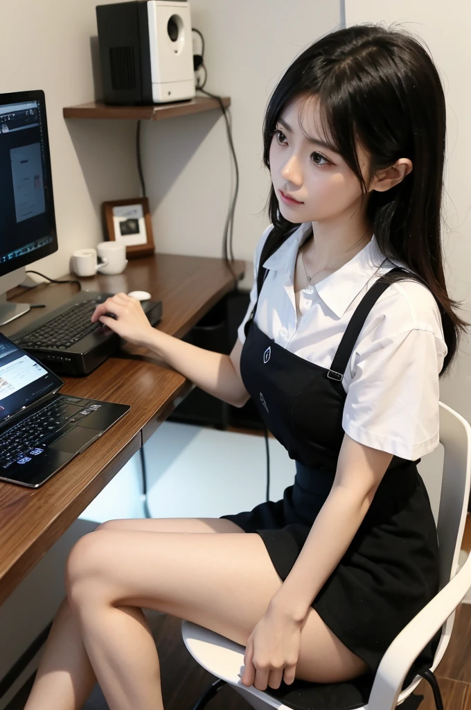 ((top-quality、masterpiece、photographrealistic:1.4、in 8K))、Beautuful Women1a person、25years old、beautiful hairl、delicate and beautiful face、Eyes and faces with detailed 、(Modern workplace with computer:1.2)、(Shirt:1.2)、(standing:1.2)、A smile、Beautiful lighting、Textured skin、Super Detail、high detailing、High quality、hight resolution、(looking at the viewers)、Detailed mouth、Opening Mouth、full body Esbian、tight skirts、Women at work、Fishnet Stockings、Coffee、window、Women who can work、high-heels, short hair