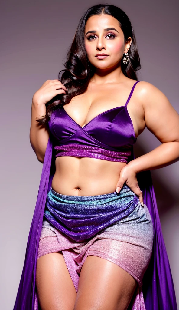 Noughty Queen Vidya Balan: Sultry Plus size exhibitionist amorous lady with huge breasts wearing a Lustrous Gradient Satin Skirt: This knee-length skirt showcases a mesmerizing gradient of purple hues. Starting from a deep purple at the elastic waistband, it transitions gracefully to a lighter lavender shade toward the hem. The fabric’s lustrous sheen—typical of satin—hints at a smooth texture that catches the light as you move. The skirt’s playful volume comes from multiple sheer tiers, creating a ruffled effect. Picture yourself twirling in this feminine and dressy ensemble, perfect for special occasions.