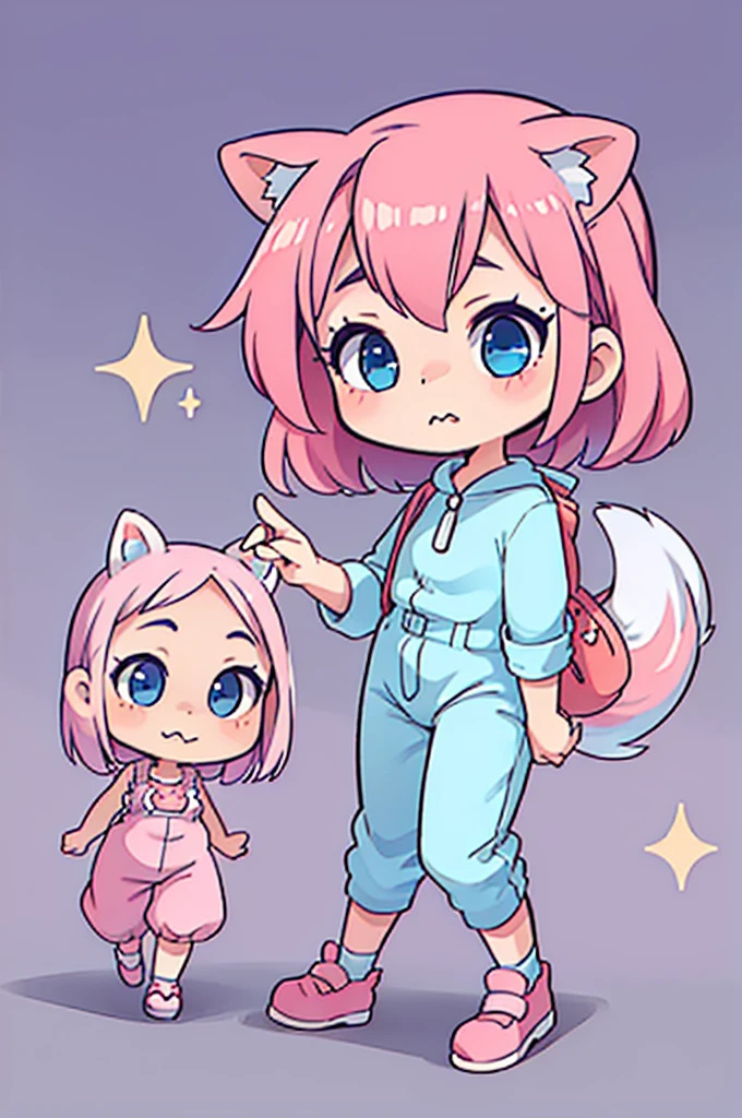 1 girl, tiny, toddler, pink hair, fox ears, light skin, blue eyes, sparkle in eyes, purple pacifier, wearing strawberry pattern romper clothes, blue marry jane shoes