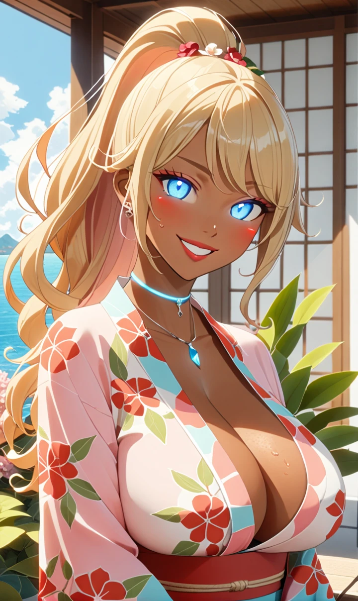 ultra-detailed, ((one girl)), (portrait), ((tan skin:1.3)), in pastel colors gyaru, (heavy makeup),  hyper detailed, absurdres, 8K, Beautiful Face, (Bright light from the front of the face), (Laugh shyly), ((teasing smile)), ((sweat)), ((Wink:1.5)), (Laugh with your mouth wide open),((Tilt your face:1.6)), View your viewers, ((Bright red cheeks:1.6)),Glossy Red Lips, ((????????????:1.4)), ((??????????:1.2)),pink ??????, noon, summer, Terrace with sea view,Foliage plant, ((Anime style background)),masterpiece, Highest quality, so beautiful,Latest, Complex details, ((Long neon pink nails)), (nail art), (ring),(bracelet), (Floral Choker),AI-generated, Complex,High resolution, Highest quality, super high quality,3D Images、3D Images,One person,Blonde long hair,(High Ponytail), (wavy hair:1.3), Blonde anime woman posing for a photo, ((Fine grain、blue eyes、glowing eyes:1.3)), (Squint your eyes:1.1),a hyperRealistic , hyperRealistic , Realistic,Anime woman with long pastel yellow hair, Smooth anime CG art, A girl in a gorgeous pastel-colored kimono,  ((Pastel-colored furisode)),(Pink large floral pattern), (side boob), Long flower hair ornament,big hoop earrings, Mature Body, tall,Narrow waist,((looking forward:1.3)),  ((hand between legs:1.3)), from side, ((upper body)),
