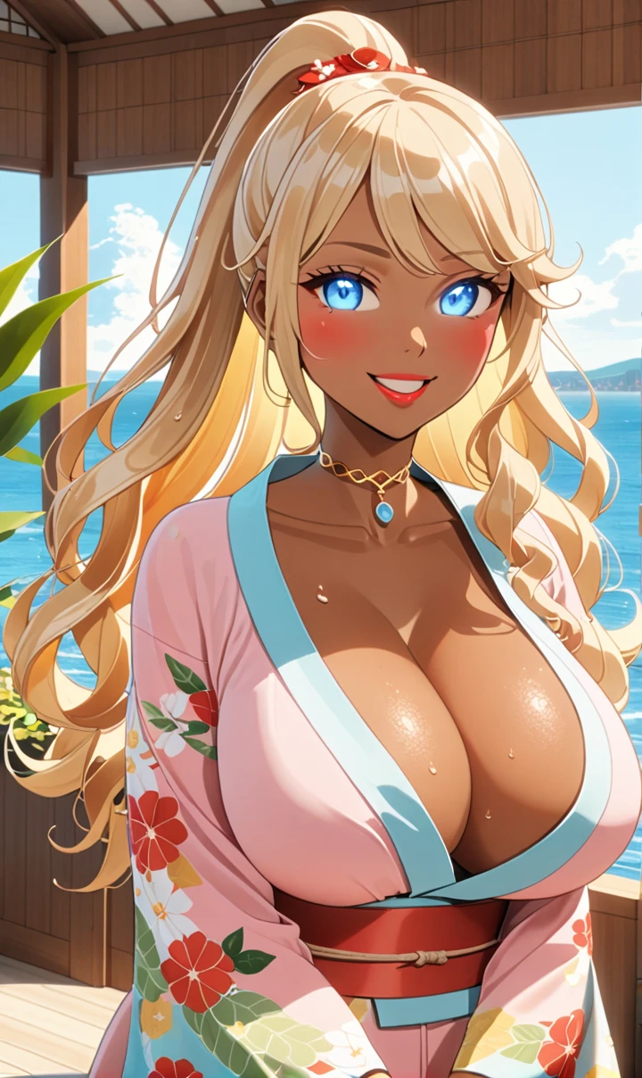 ultra-detailed, ((one girl)), ((tan skin:1.4)), in pastel colors gyaru, (heavy makeup), hyper detailed, absurdres, 8K, Beautiful Face, (professional lighting), (Laugh shyly), ((teasing smile)), ((sweat)), ((Wink:1.5)), (Laugh with your mouth wide open),((Tilt your face:1.6)), View your viewers, ((Bright red cheeks:1.6)),Glossy Red Lips, ((huge breasts:1.5)), ((undressing:1.2)),((Exposed nipples)), noon, Terrace with sea view, ((Anime style background)),masterpiece, Highest quality, so beautiful,Latest, Complex details, ((Long neon pink nails)), (nail art), (ring),(bracelet), (Floral Choker),AI-generated, Complex,High resolution, Highest quality, super high quality,3D Images、3D Images,One person,Blonde long hair,(High Ponytail), (wavy hair:1.3), Blonde anime woman posing for a photo, ((Fine grain、blue eyes、glowing eyes:1.4)), (Squint your eyes:1.1),a hyperRealistic , hyperRealistic , Realistic,Anime woman with long pastel yellow hair, Smooth anime CG art, A girl in a gorgeous pastel-colored kimono,  ((Pastel-colored furisode)),(Pink large floral pattern), Long flower hair ornament,big hoop earrings, Mature Body, Big Hips, tall,Narrow waist,  ((all fours:1.3)),on bench, from side, ((upper body)),