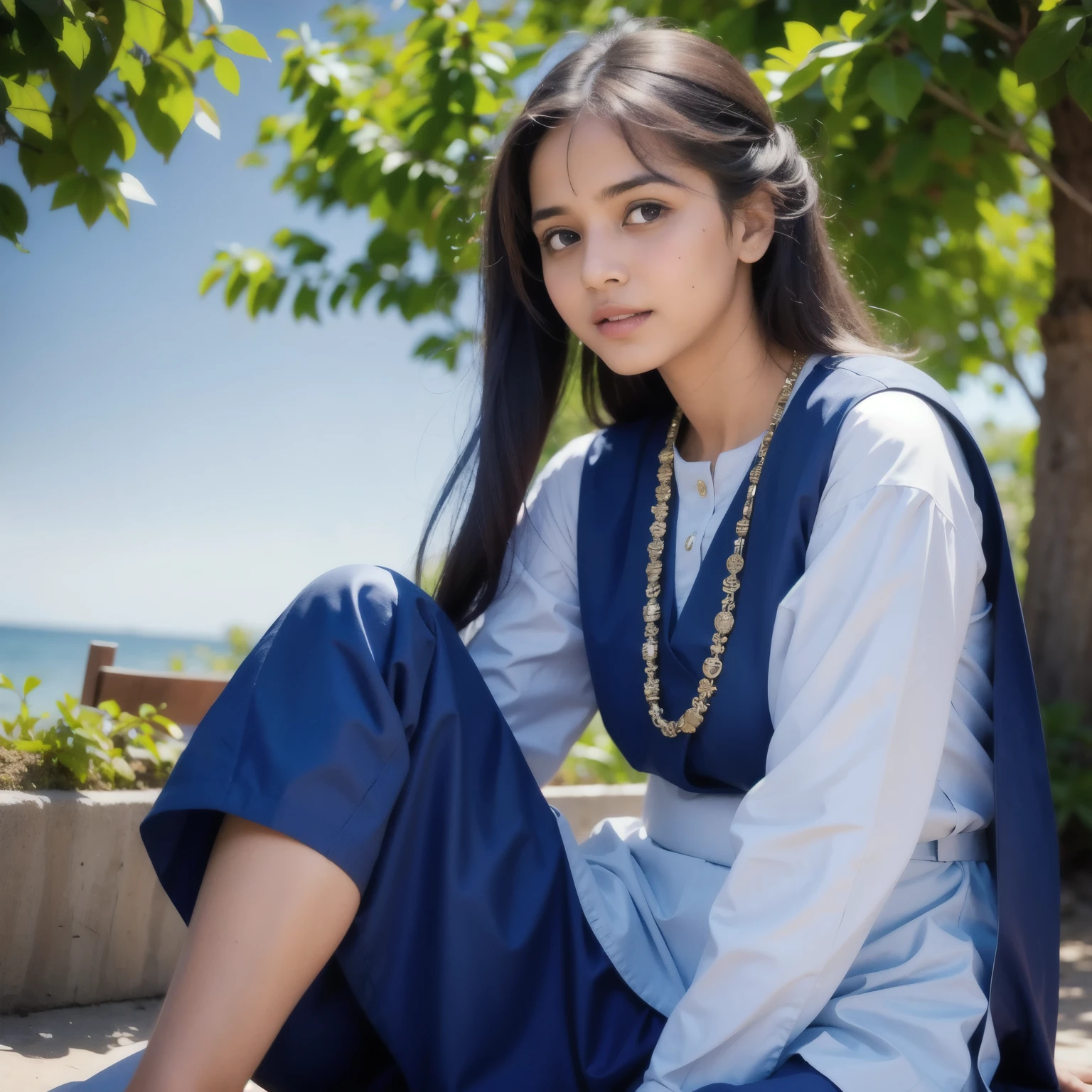 a beautiful young Indian school girl wearing a salwar kameez uniform, detailed face, beautiful eyes, delicate smile, sunlight filtering through the background, vibrant colors, cinematic lighting, highly detailed, photorealistic, 8k, (best quality,4k,8k,highres,masterpiece:1.2),ultra-detailed,(realistic,photorealistic,photo-realistic:1.37)