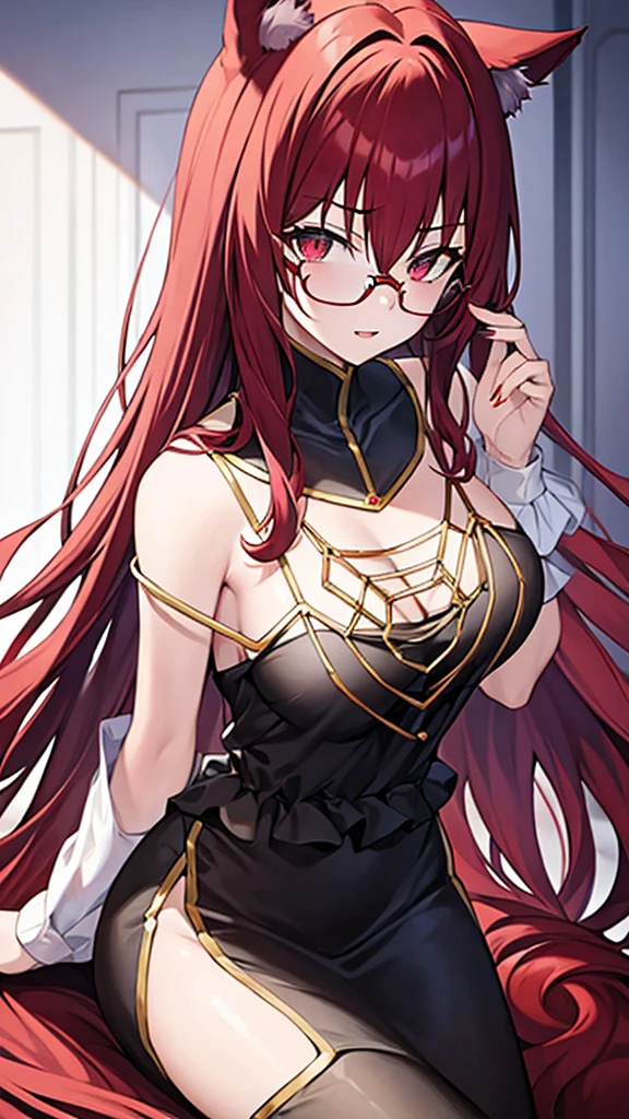 A 20 year old female villain with long dark red hair, red cat eyes, chest with red cat ears, round glasses, black dress,