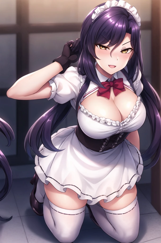 Taimanin Asagi、Asagi Igawa、Black Hair、Eyes are green、Long Hair、Huge breasts、Nipple piercing、Full Body Stockings、pichi pichi stockings、Urinating、Squat、stroll、first round、garden、Breast milk dripping、smug face、Maid clothes、Angle of looking up from under the crotch of a tucked-up skirt