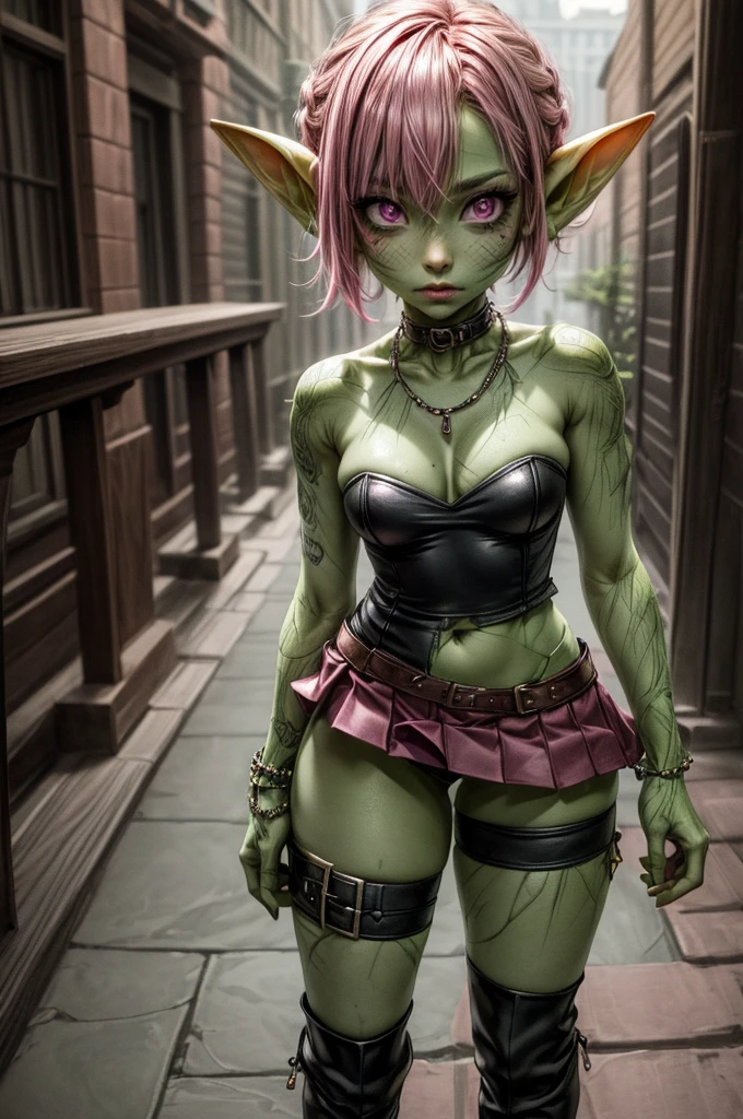 absurd resolution, ((best quality)), ((masterpiece)), (very detailed), 4k, goblin girl, short stature,short pink hair, wearing microskirt, wearing chains, pink eye makeup, ripped fishnets, ((green skin)), small pointy ears, thigh boots, rogue, thief, trickster, leather, perfect skin