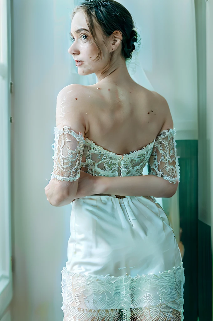 Best quality, 8k, 32k, Masterpiece, Masterpiece, (Photorealistic: 1.4), RAW photo, ultra realistic, 1girl, full body, wearing a white mermaid wedding dress, long-sleeve, floor-length style, lace fabric, Take product photos in white room with indoor decorative palm tree, look straight