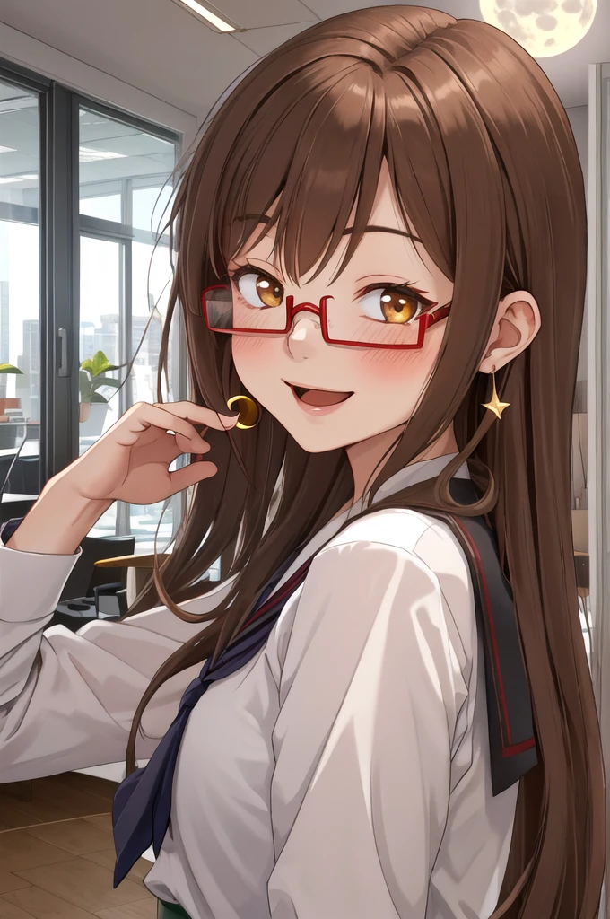 Highest quality, masterpiece, High resolution, alone, {full moon_Fleet Collection:1.15}, Long Hair, Brown Hair, Glasses, brown_eye, red-framed_Glasses, semi-rimless_Glasses, Crescent Moon, black_Seraphim, blush, Under Rim_Glasses, One girl, Closed_eye, Open_mouth, School_uniform, (indoor, office, living room), , blackスカート, ^_^, eggplant, smile