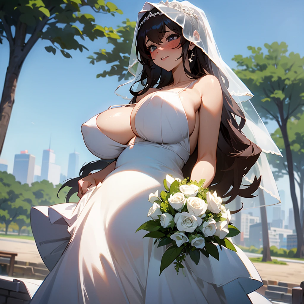 Pregnant girl with huge breasts in a bra with a sexy wedding dress ,veil and bouquet in the park
