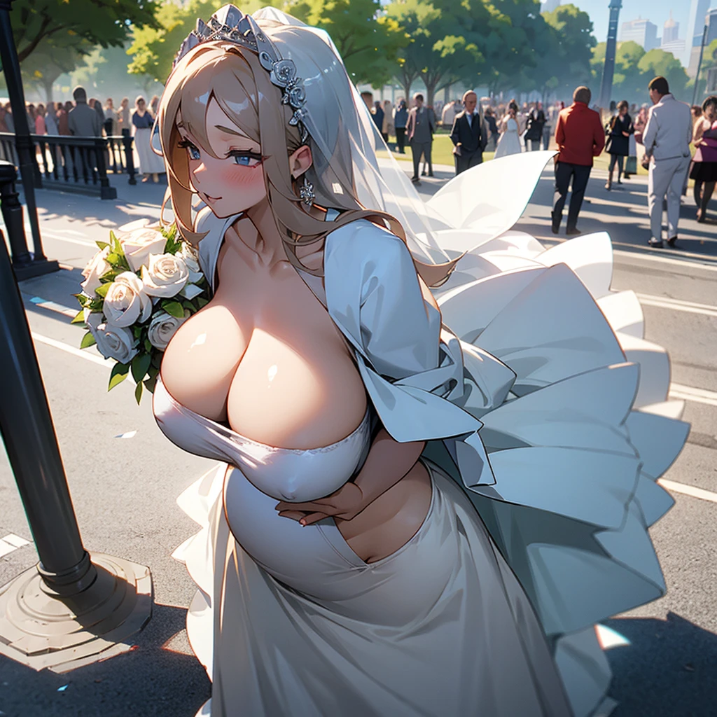 Pregnant girl with huge breasts in a bra with a sexy wedding dress ,veil and bouquet in the park