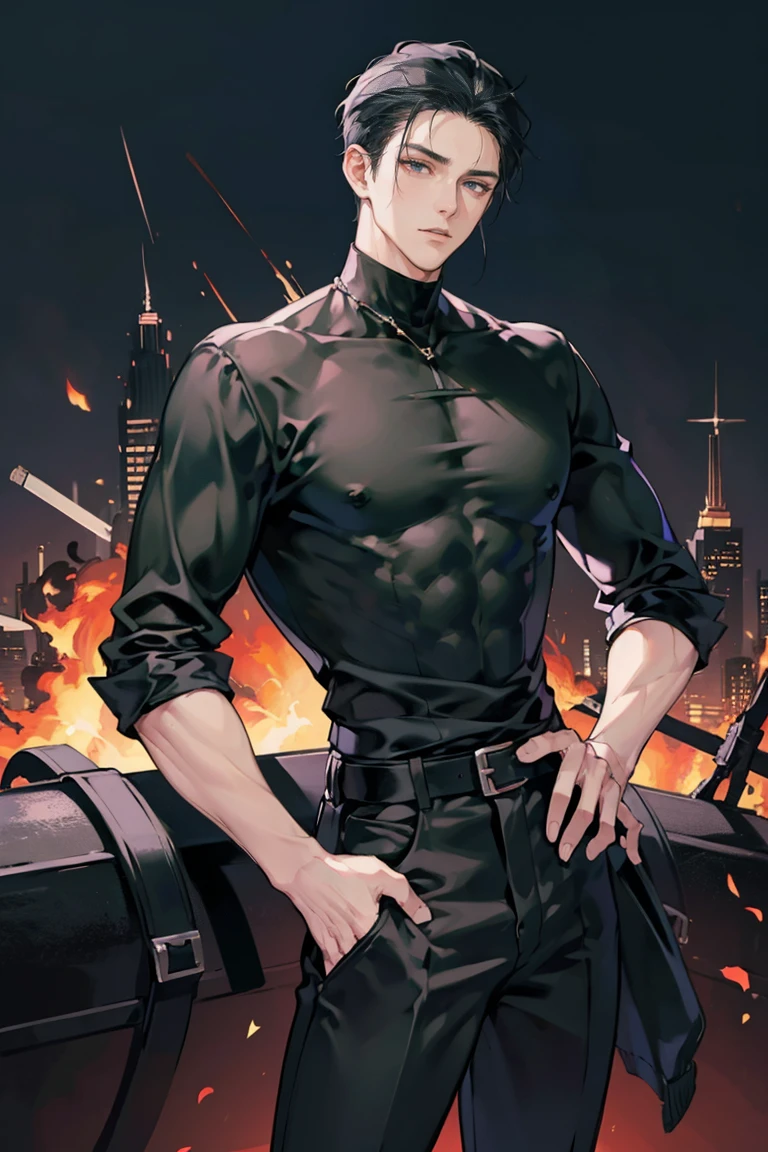 anime - (masterpiece), best quality, seductive eyes, mature face, black eyes, mid length slicked back black haircut, plain black t shirt, black pants, tall man, long legs, masculine, massive body, adult-like, full body, hands on hips, bad boy, the background is a burning and exploding city