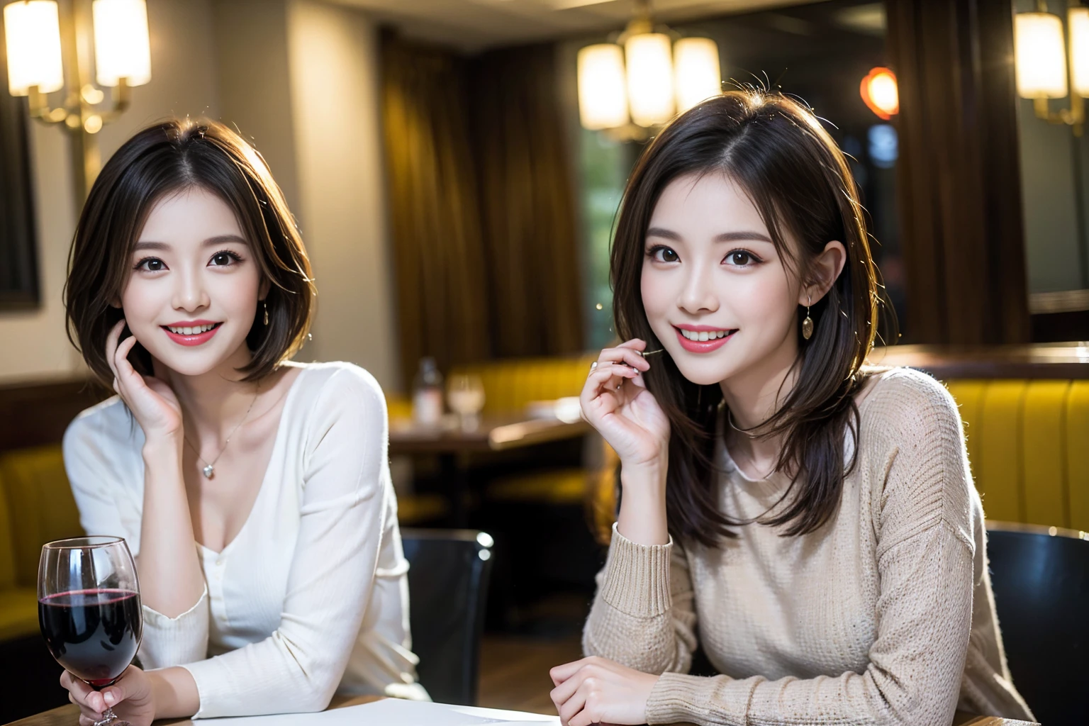 ((Highest quality、8K、masterpiece:1.3))、Shortcuts、cute、slimカップル、modelカップル、actress男優、(Realistic, Intricate details:1.2), full-course dinner、Wine Party、Amazing view of the sunset sky and clouds、A bright smile、short hair,Bright Face、45 years old), 42 years old, red wine 、Appetizers、Italian food、Wine bottle、Champagne、sparkling wine、Two beauties、Brown Hair、Shortcuts、Long sleeve shirt、dress、Beautiful woman 1, (slimな顔), (The body is slim), (Brown Hair), (Shortcuts), cheeks turn a little red,Attractive beauty、restaurant, In a prominent place (From the waist up) Nova Frog Style, actress, model, Upper Body, White wine, slim, wine glass, 中央に置かれたwine glass, smile, (smile: 1.15), Beautiful fine grain, Depth f/2,saturation, High Contrast, Strong light and shadow,Moist Body:1.5、3D texture、Delicate eyes、Brown Hair、The hair is very shiny、