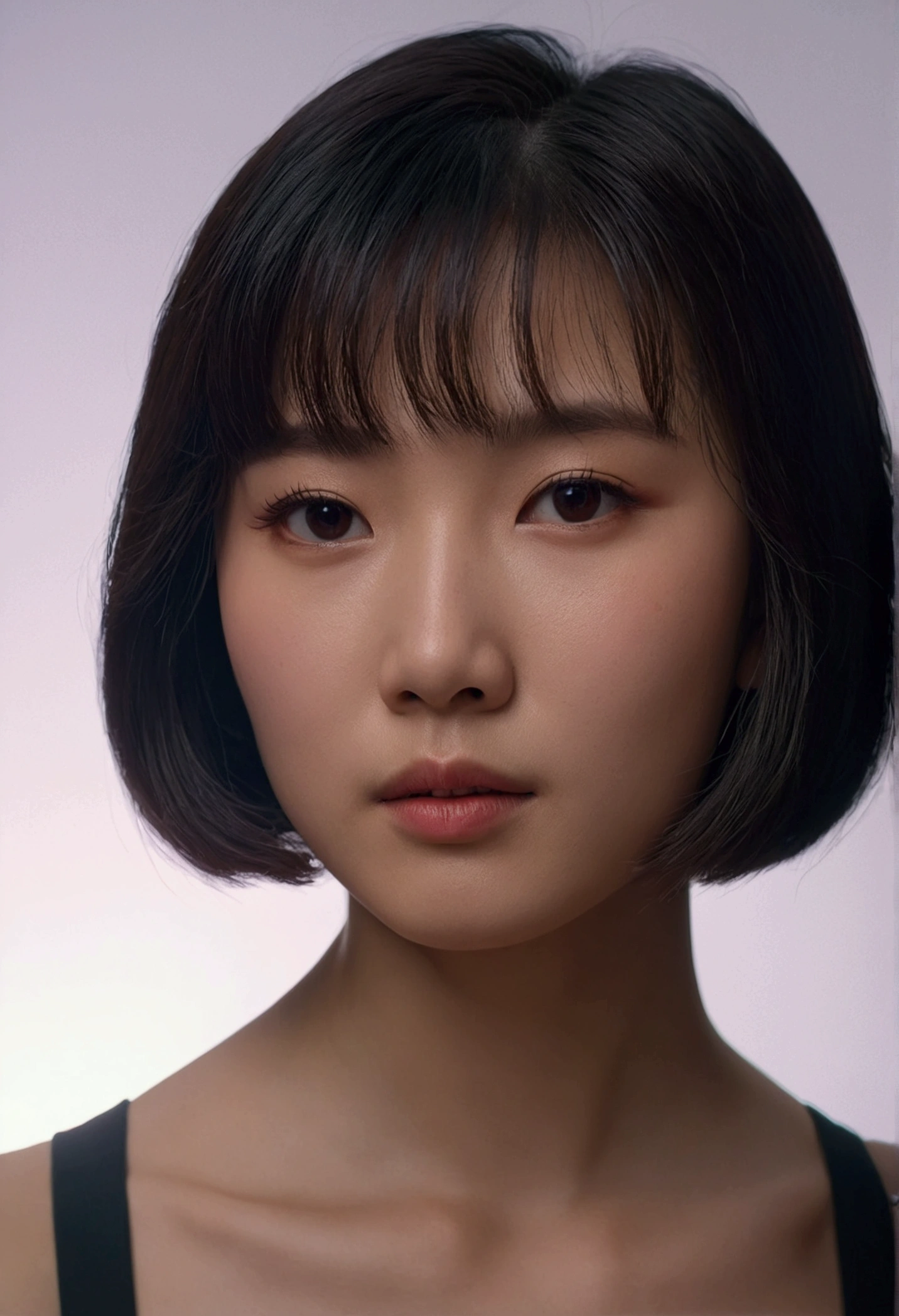 Amazing portrait of a girl during a photo shoot, Shot in 8K, Highest quality and ultra-high resolution for 3D cinema light for ultimate immersion. The setting is Hong Kong in the 1990s..., A medium shot showing every detail of her.Hairstyle,Bobcut