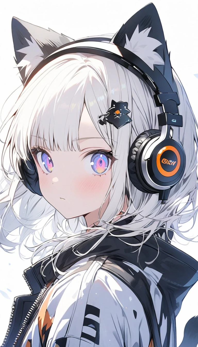 an anime character with headphones on head is in the foreground with ther character in the background wearing headphones, 1girl, solo, animal ears, headphones, white background, looking at viewer, white hair, simple background, animal ear fluff, jacket, upper body, cat ears, bangs, hair ornament