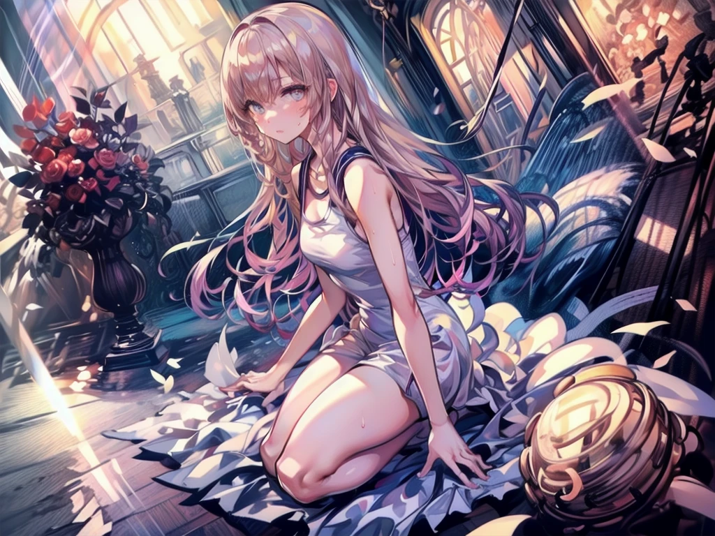 (masterpiece:1.3, Highest quality, Ultra-high resolution, Very detailed), (Realistic, photoRealistic:1.4), Beautiful illustrations, Perfect lighting, Natural light, Written boundary depth, , Beautiful detailed hair, Beautifully detailed face, Beautiful attention to detail, Beautiful clavicle, Beautiful body, Beautiful breasts, Beautiful thighs, Beautiful legs, Beautiful Hands, View your audience, (Face Focus), 1 girl, high school girl, The whole body is covered in oilで光沢感がある Tissue paper cut into small pieces, A small crumpled roll of tissue paper, A small piece of tissue paper that had fallen to the ground, torn apart and crumpled, Excessive sweating on the face,Sweat dripping down,Sitting on an old bed, Duvet with a light yellow stain Old gym mat ,Gymnasium Warehouse, There are lots of small rolled up tissue papers on the floor. , Crumpled garbage is scattered everywhere., Very old gym mat, Messy room, Dimly lit room Hardwood Floors Scattered small rolled tissue papers Upper body sailor suit, Lower body swimsuit Inner swimwear Illustration Style Anime Style Small lips Face of Shame Embarrassing beautiful girl Very cute clothes Cheeks pink Light purple hair Blonde long hair super curly hair Super long sideburns Rubber clothing hair band Pearl white silk tights that become transparent when wet White super long boots Big eyes Hanging eyes Angry Blushing Shocking Pink Rouge Sweating profusely A small roll of tissue paper The whole body is wet from rain Mucus clings to the whole body Steam coming out of the whole body Steam rises across the screen. White Breath Haa The whole body is covered in oil evening Overall orange background Sunset sunshine