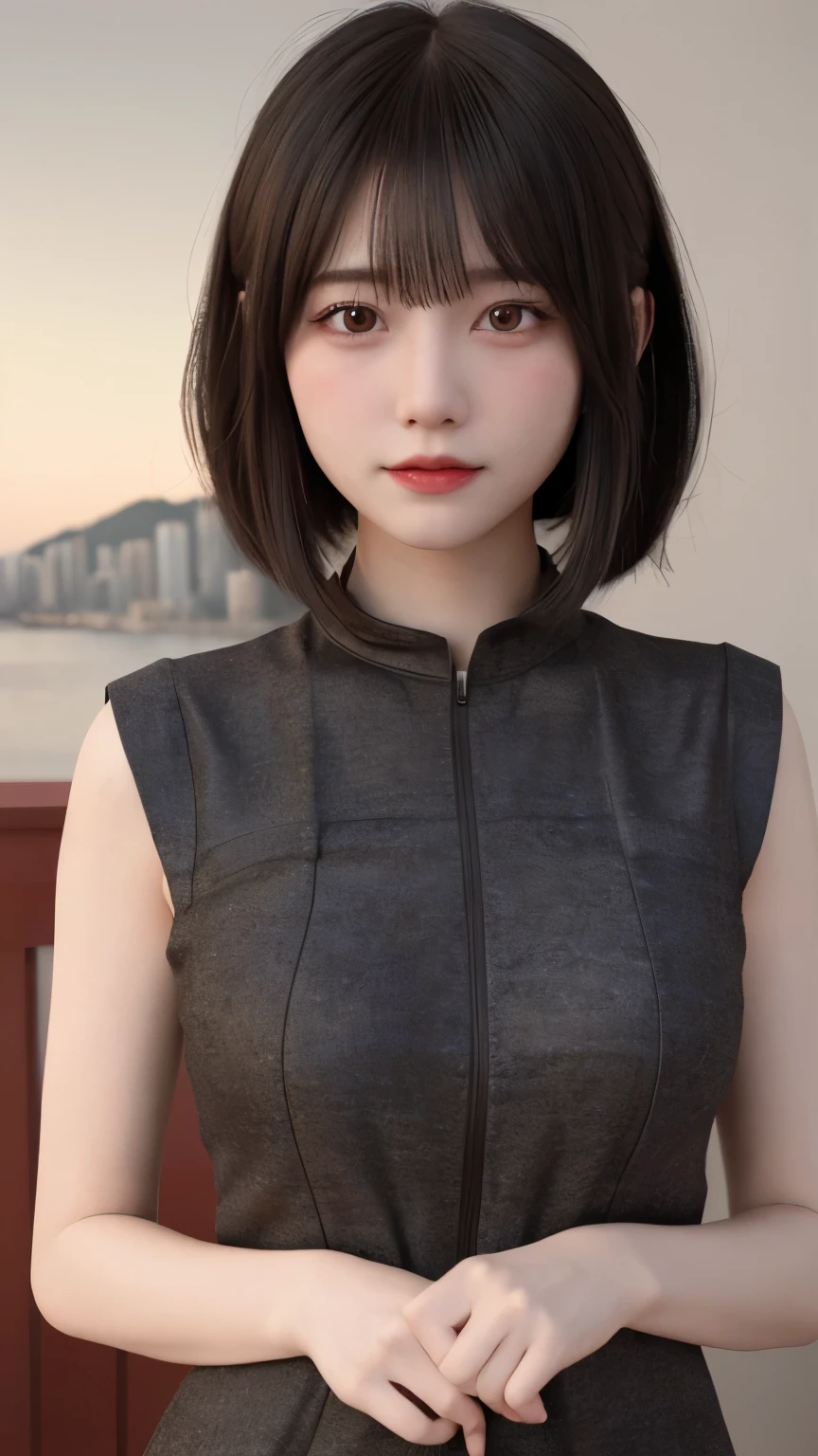 Amazing portrait of a girl during a photo shoot, Shot in 8K, Highest quality and ultra-high resolution for 3D cinema light for ultimate immersion. The setting is Hong Kong in the 1990s..., A medium shot showing every detail of her.Hairstyle,Bobcut