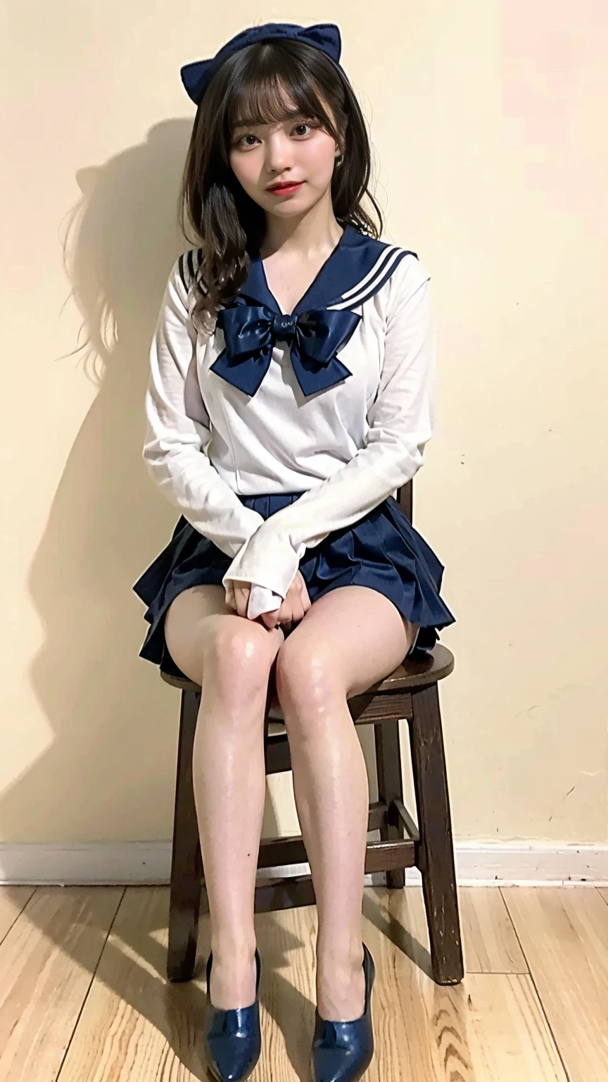 ((highest quality、8k、masterpiece:1.3)),((((fullbody shot)))),Ultra-high resolution,big eyes,Japanese,bangs,(a girl),(1 girl),((20 years old)),((facing at viewer)),(long hair),(((black sailor uniform))),grin,((squatting)),(pleated mini skirt),(((pussy))),((pubic hair)),((skirt lift)),(((short crew socks))),((loafers))