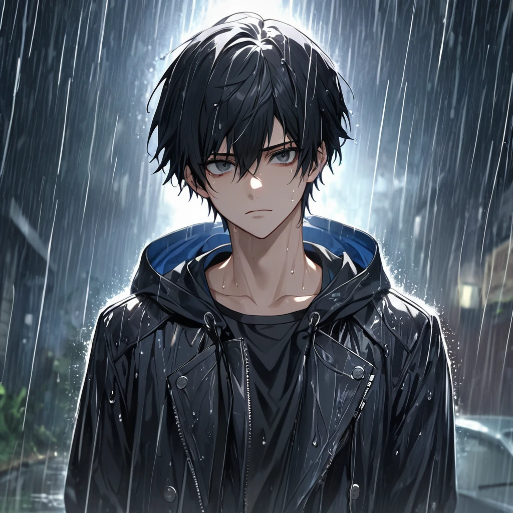 high quality, High resolution, 4K, Handsome man, 1 male, , teenager, Short black hair, Sharp eyes, Black eyes, The devil may cry,  Calm expression, Stoic expression, rain，Wet、whole body